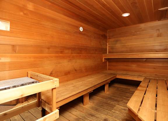 A wooden sauna with benches and a heater.