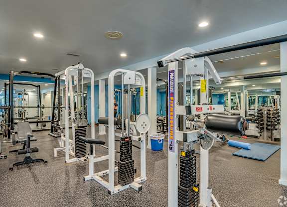 A gym with a variety of equipment including weight machines and free weights.