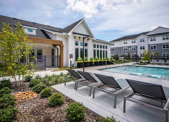 Lush landscaped pool area