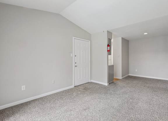A room with a white door and carpeted floor.