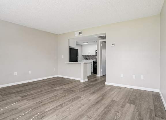 A room with a kitchenette and a doorway leading to another room.