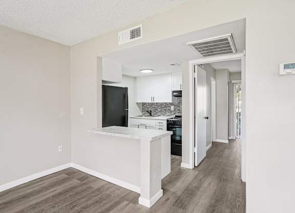 A kitchen area with a counter and cabinets.