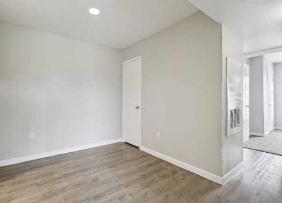 A room with a wooden floor and a door on the left side.