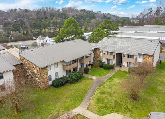 an aerial view of an apartment complex with green grass and trees at Ascot Place Apartments, Birmingham 