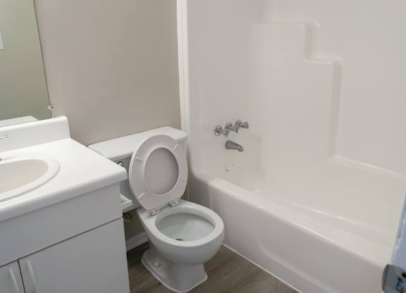 a bathroom with a toilet and a tub and a sink