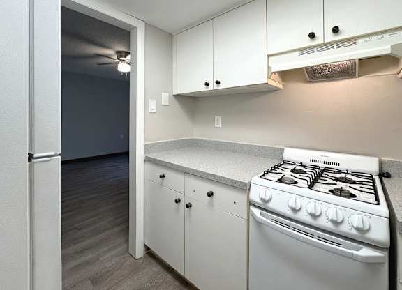 Haven on Canal classic one-bed, one-bath kitchen with white appliances