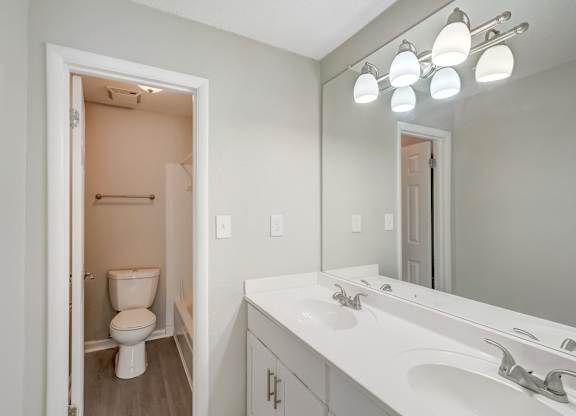 a bathroom with two sinks, a mirror, toilet, tub and shower at Hills at Hoover 35216