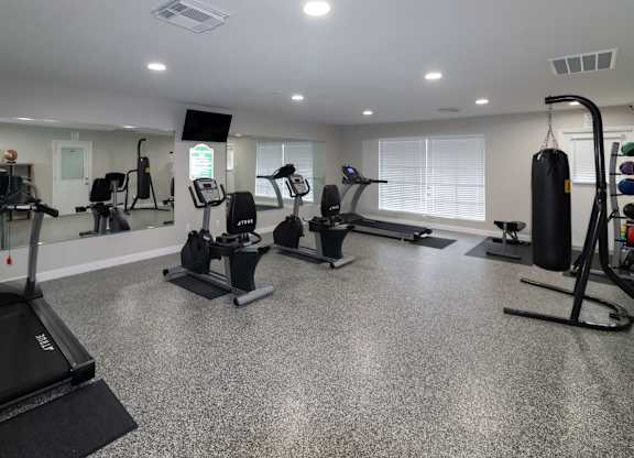 a gym with treadmills and other exercise equipment in the new Forest Apartments Fitness Center