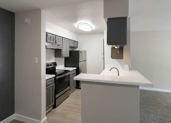 a renovated kitchen with stainless steel appliances, dark cabinets, and light countertops