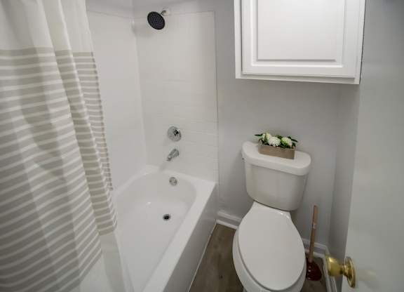 a bathroom with a toilet, tub, and shower