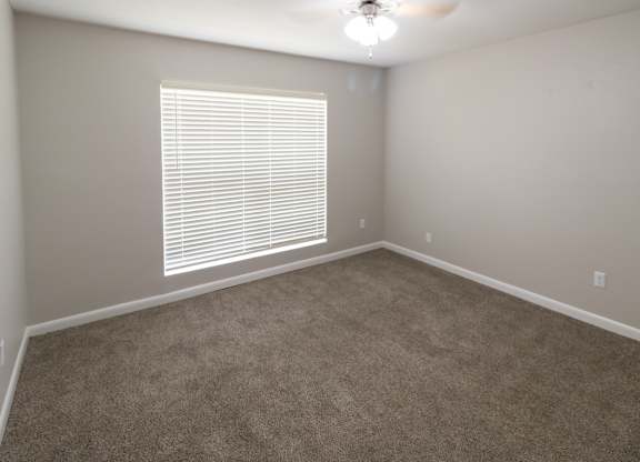 a spacious room with a ceiling fan, large window, and carpet