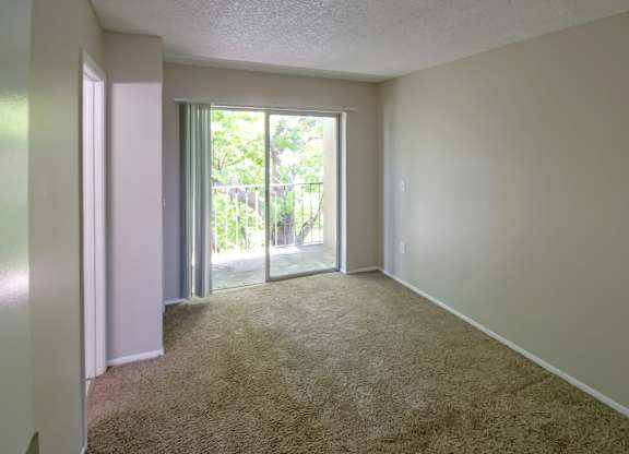 a carpeted bedroom with a sliding glass door to a private balcony