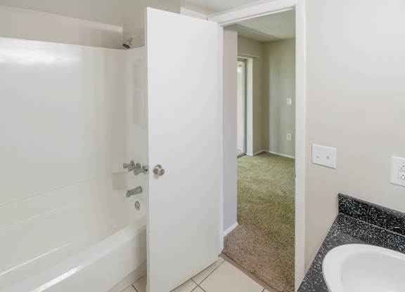 an in-home bathroom with a tub, shower, and a sink vanity