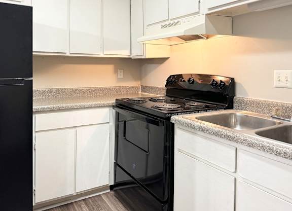 a kitchen with black appliances and white cabinets and a sink at Spring Lake Cove Apartments, Birmingham, AL 35215