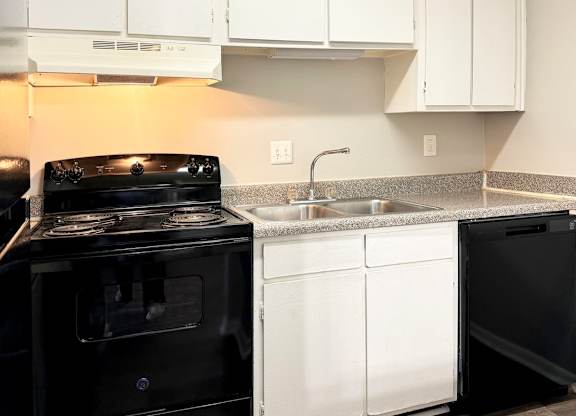 a kitchen with black appliances and white cabinets and a sink at Spring Lake Cove Apartments, Birmingham Alabama