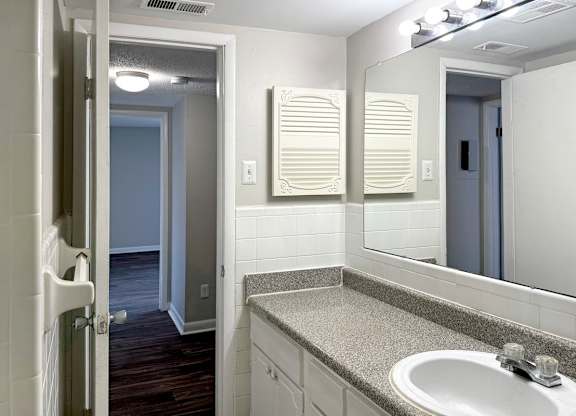 a bathroom with a sink and a mirror at Spring Lake Cove Apartments, Birmingham 