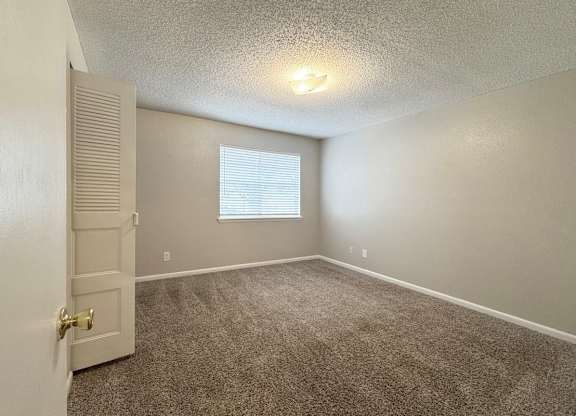 A room with a carpeted floor, a window with blinds, and a closed door.