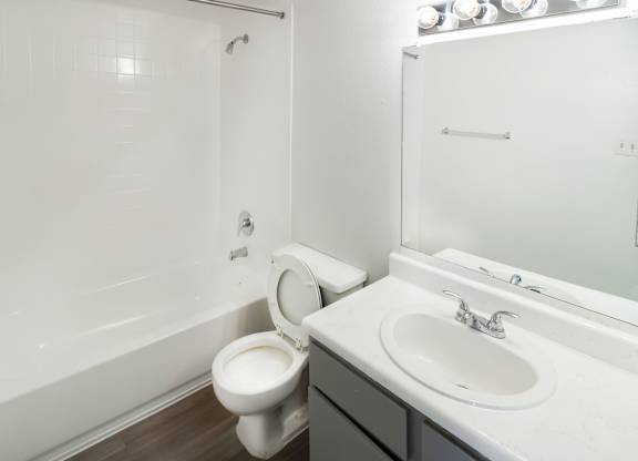 a white bathroom with a tub/shower, toilet, and sink vanity with large mirror