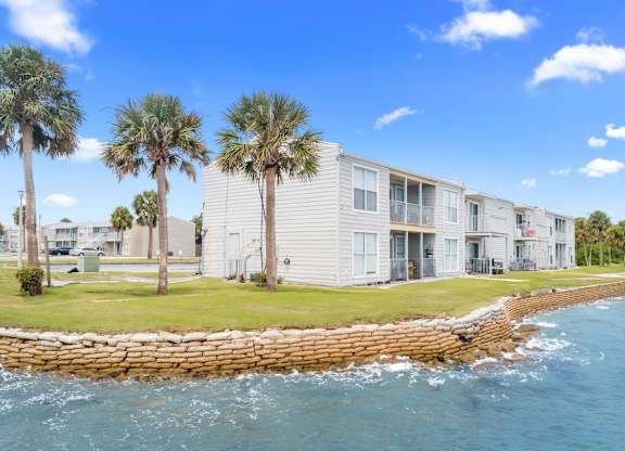 a group of 12th and beach apartments overlooking the water with palm trees