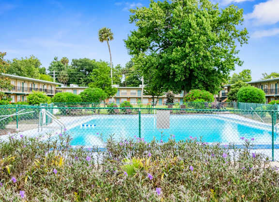 A beautiful swimming pool surrounded by trees and bushes in the courtyard at Park Apartments in Daytona Beach, FL
