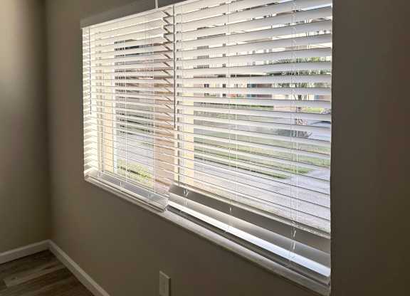 A window with white blinds partially open, allowing some light to enter.