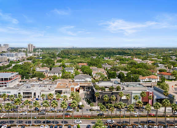A cityscape with buildings, palm trees, and a clear sky.