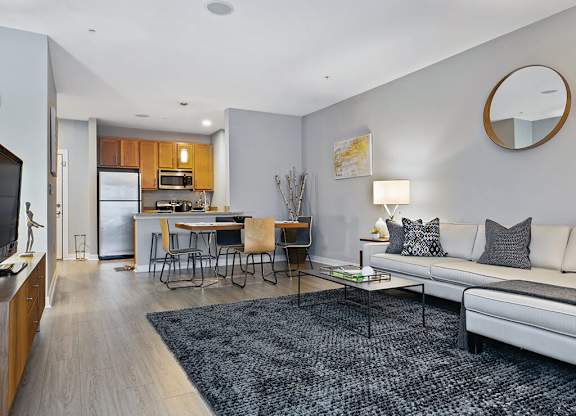 Living room at Axis Admirals Hill Apartments in Chelsea MA