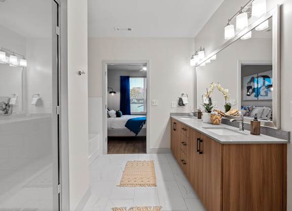Bathroom attached to bedroom at VERO Apartments in Chelsea MA