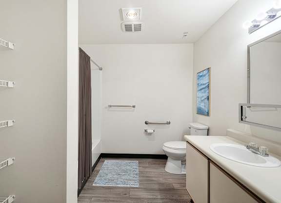 A bathroom with a toilet, sink, and a mirror.