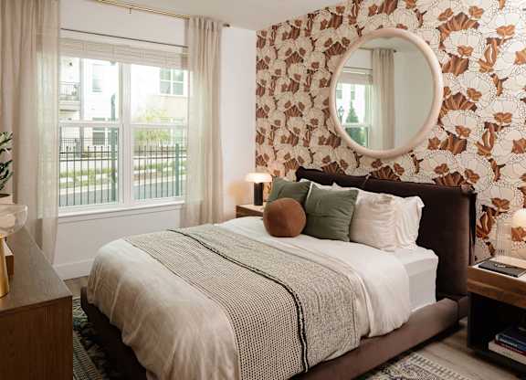 Bedroom in brass marble design at Wayfern Apartments in Sandy Springs GA