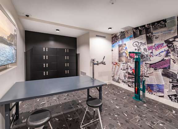 Bike lounge work table at Bevel Apartments in San Diego CA