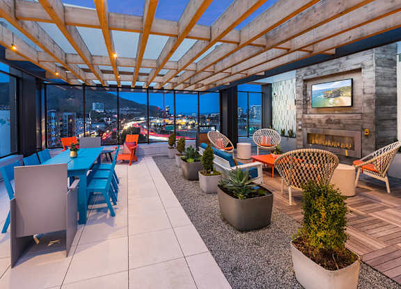 Rooftop lounge at dusk at Altitude Apartments in South San Francisco CA