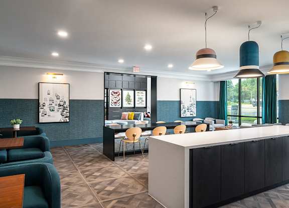 Business center kitchen island and seating at The Belhaven in Alexandria VA