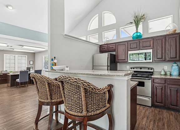 Clubhouse kitchen at Valley Ridge Apartments in Lewisville TX