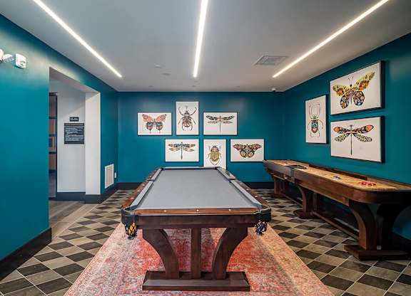 Clubroom billiards table and shuffleboard at The Belhaven in Alexandria VA