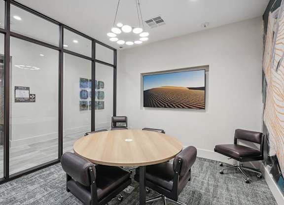 A conference room in Coworking Lounge at The Sevens in Dallas TX