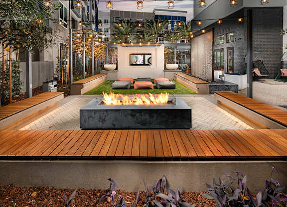 Courtyard Recess Fire Table Lounge Sunset at Chroma Apartment Homes in Canoga Park CA