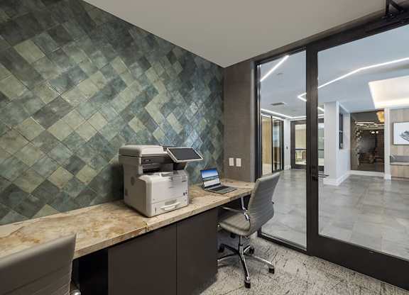 Coworking lounge workspace at Main and Jamboree Apartments in Irvine CA