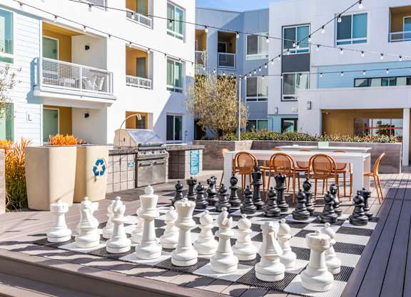 Outdoor chess set at Bevel Apartments in San Diego CA
