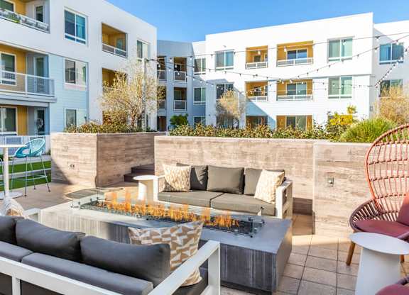 Courtyard fire table at Bevel Apartments in San Diego CA
