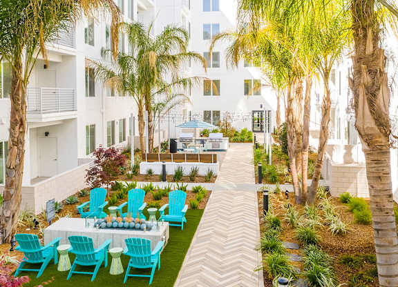 Exterior Courtyard palm trees and seating at Embark Apartments in Fremont CA