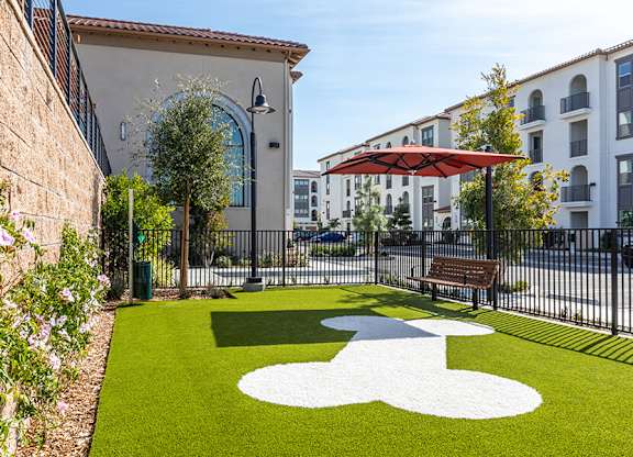 Exterior Dog Park and Buildings at West Village Poway Apartments in Poway CA