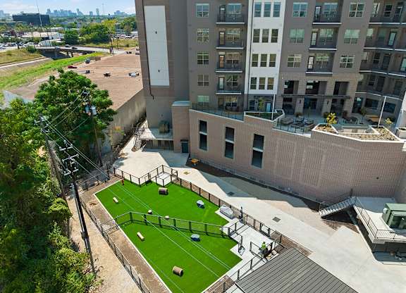 Aerial view of dog park at East Bend Apartments in Houston TX