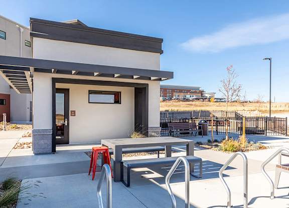Outdoor gear station patio at Olivean Apartments in Broomfield CO