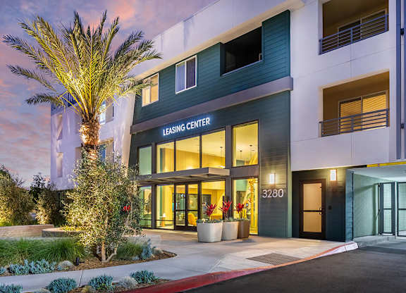 Exterior Leasing Office at Dusk at Bowen Apartments in San Diego CA