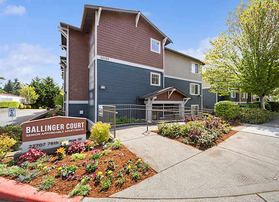 Exterior Monument Sign and Leasing Office at Ballinger Court Senior Apartments in Edmonds WA