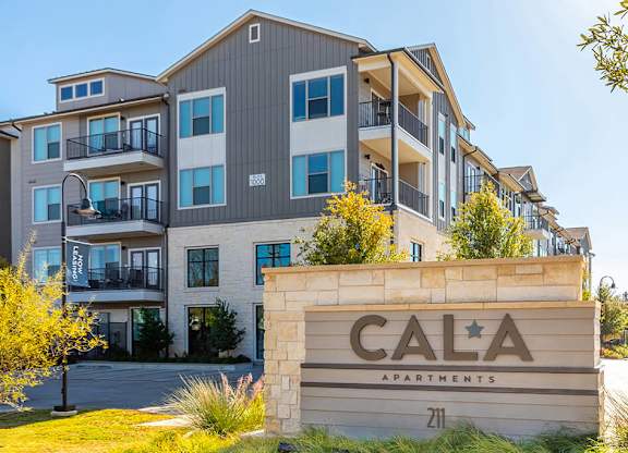 Exterior monument sign at Cala Apartments in Austin TX