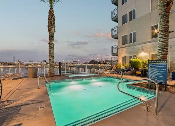 Pool courtyard at dusk at Norte Town Lake Apartments in Tempe Arizona