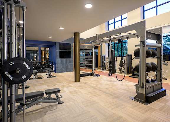 Fitness center weights at 333 Ellington Apartments in Gaithersburg MD