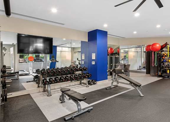 Fitness center weights at Bradley Braddock Road Station Apartments in Alexandria VA
